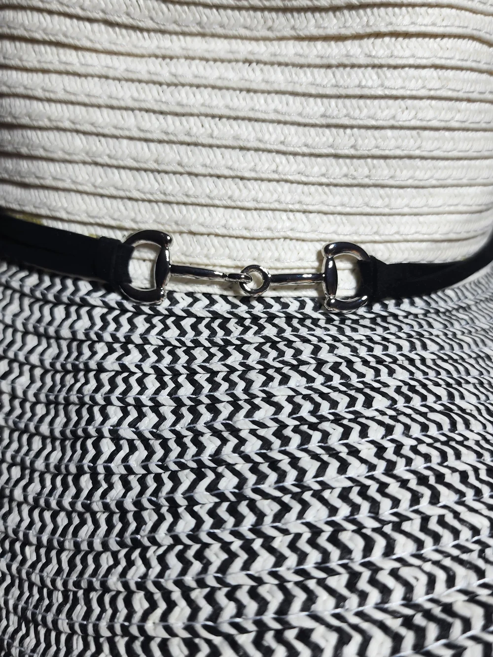 Wide Brim Black White Straw Sun Hat Equestrian Bit Detail Floppy Hat S/M